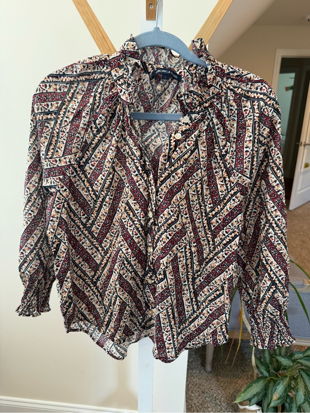 Veronica Beard Cream, Burgundy & Black Printed Ruffle Neck Blouse